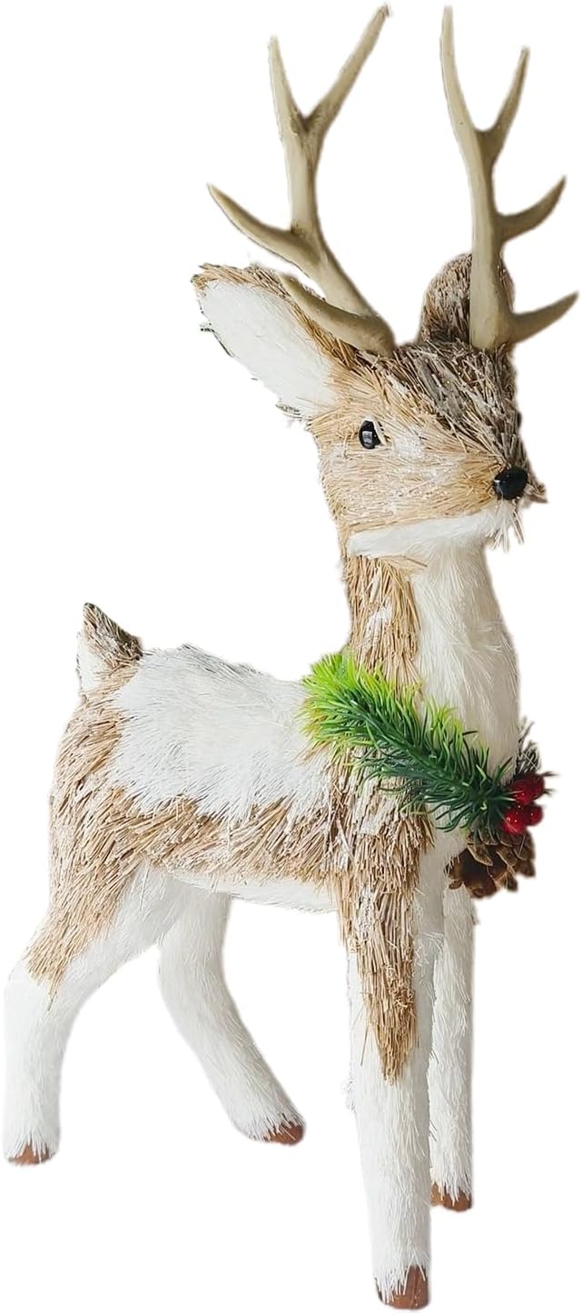 Straw Reindeer Christmas Ornament, Christmas Deer Figurine Animal Collection Ornaments Hand Woven Reindeer Figure with Pine Garland and Red Berries for Christmas Decor (B)