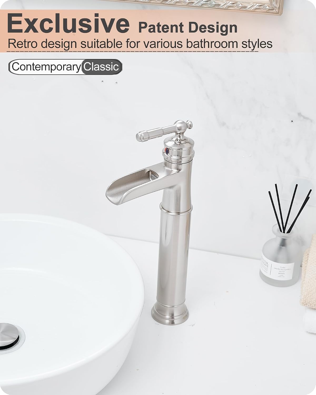 Vessel Sink Faucet Brushed Nickel, Brass Waterfall Bathroom Faucet Single Hole, Tall Bathroom Sink Faucet, Bathroom Faucets Single Handle with Pop-Up Drain Supply Hoses for Lavatory No Noise