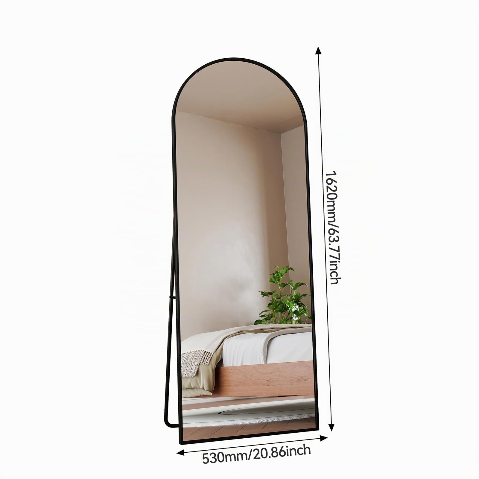 Espejo de cuerpo entero, 162 x 53 cm, curvado, negro, HD, espejo de pie con marco de aleación de aluminio, vidrio templado, espejo de pared grande para dormitorio, armario, sala de estar