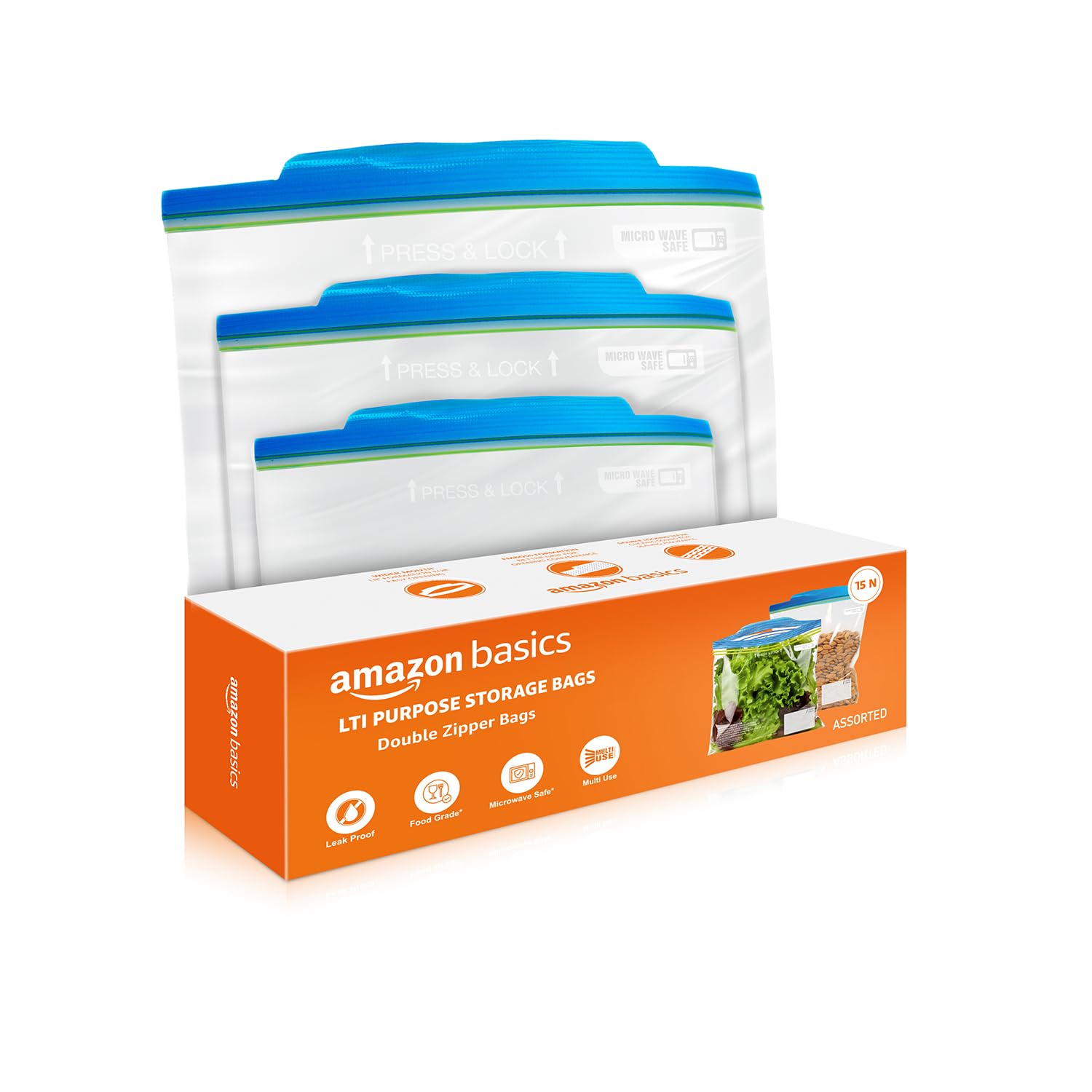 Amazon Basics - Multipurpose Zip Lock Storage Bags | 15 Bags | Assorted Sizes, 5 Each - S, M, L | Material Plastic | Reusable and Reclosable with Double Zipper