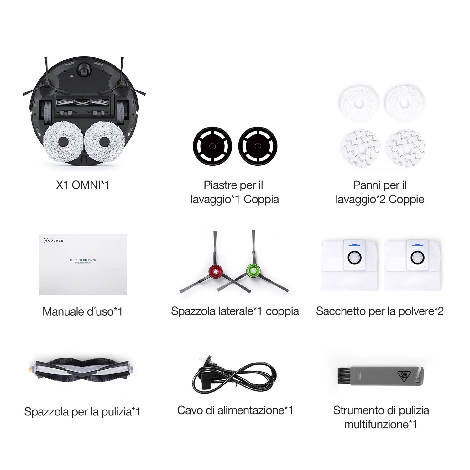 ECOVACS DEEBOT X1 OMNI, Robot Aspirapolvere con Funzione Lavaggio, Stazione di Pulizia Multifunzionale, Autopulizia Automatica, 5000pa, Rilevamento Ostacoli 3D, Batteria 260min, Assistente Vocale Yiko