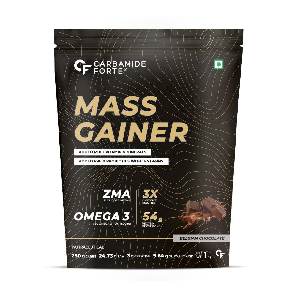 Carbamide Forte Mass Gainer with 54g Protein, Weight Gainer For Men | Muscle Gainer - 250g Carbs, Mass Gainer Protein, Multivitamin, ZMA & Creatine 3g - Belgian Chocolate Flavour Mass Gainer 1kg