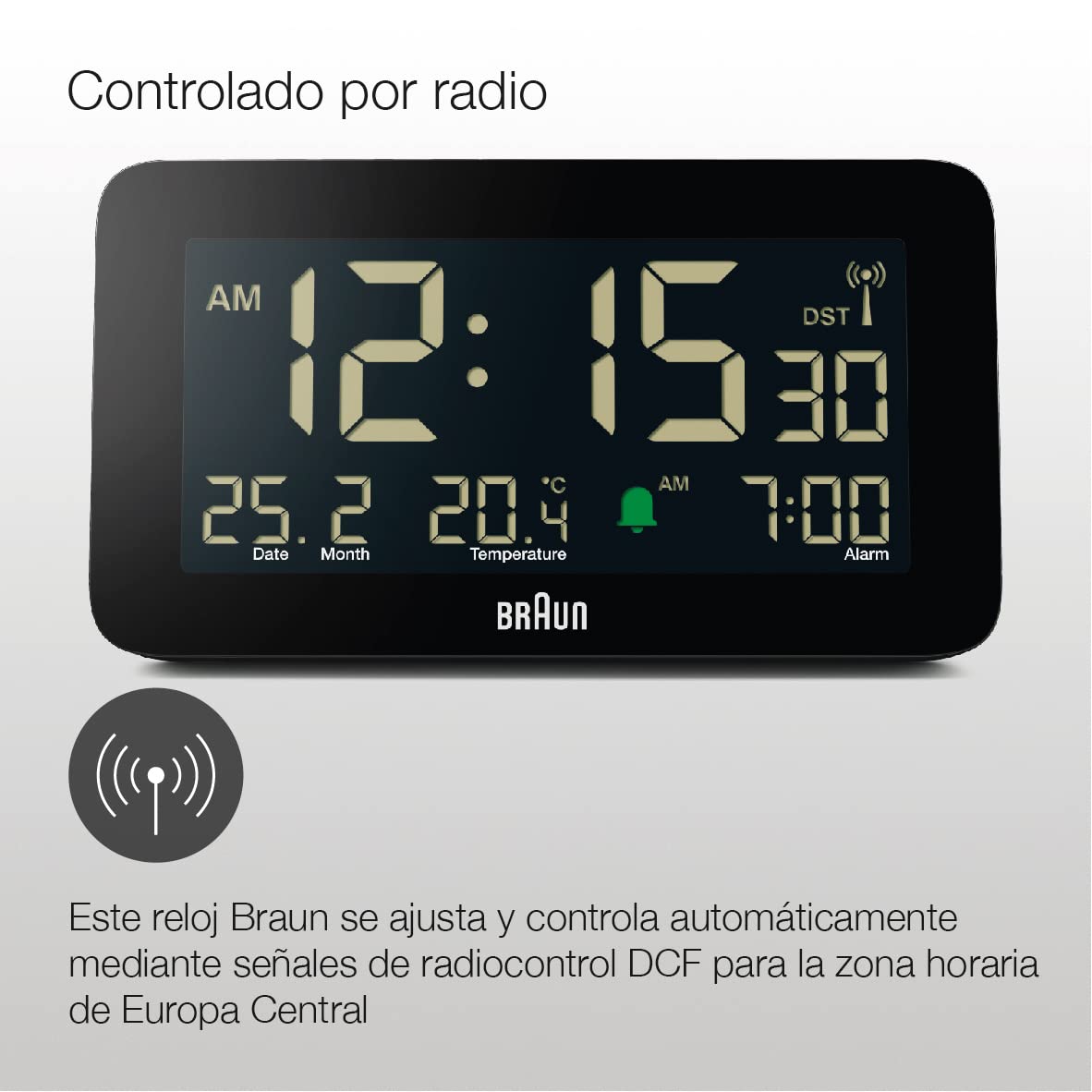 Braun Reloj Despertador Digital controlado por Radio Zona horaria de Europa Central (DCF) con visualización de Fecha, Mes y Temperatura, Pantalla LCD Negativa, Negro, Modelo BC10B-DCF.