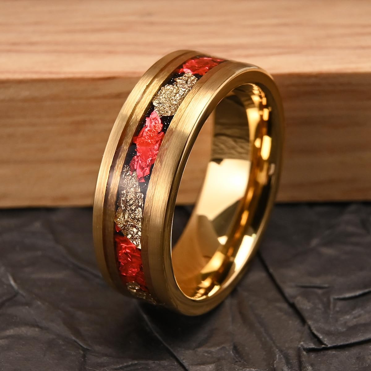 Golden Tungsten Carbide Rings for Men and Women 8mm Frosted Inlay Gold Foil and Red Foil Men's Engagement Wedding Bands Luxury - Image 4