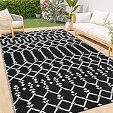 Homaxy Outdoor Teppich Wetterfest 120x180cm, Beidseitig Nutzbar, Wasserdicht Boho Teppiche für Terrasse, Garten, Balkon, Camping, Picknick, Schwarz & Weiß