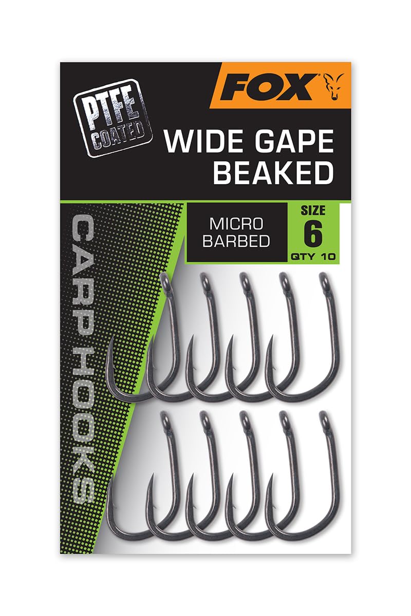 Fox Wide Gape Beaked Hooks Micro Barbed | Size 8 Qty10 | Carp Fishing Hooks with Non-Reflective PTFE Coating | Beaked Point Reduces Hook Pulls | Perfect for on Hard Gravel Bottoms | CHK259
