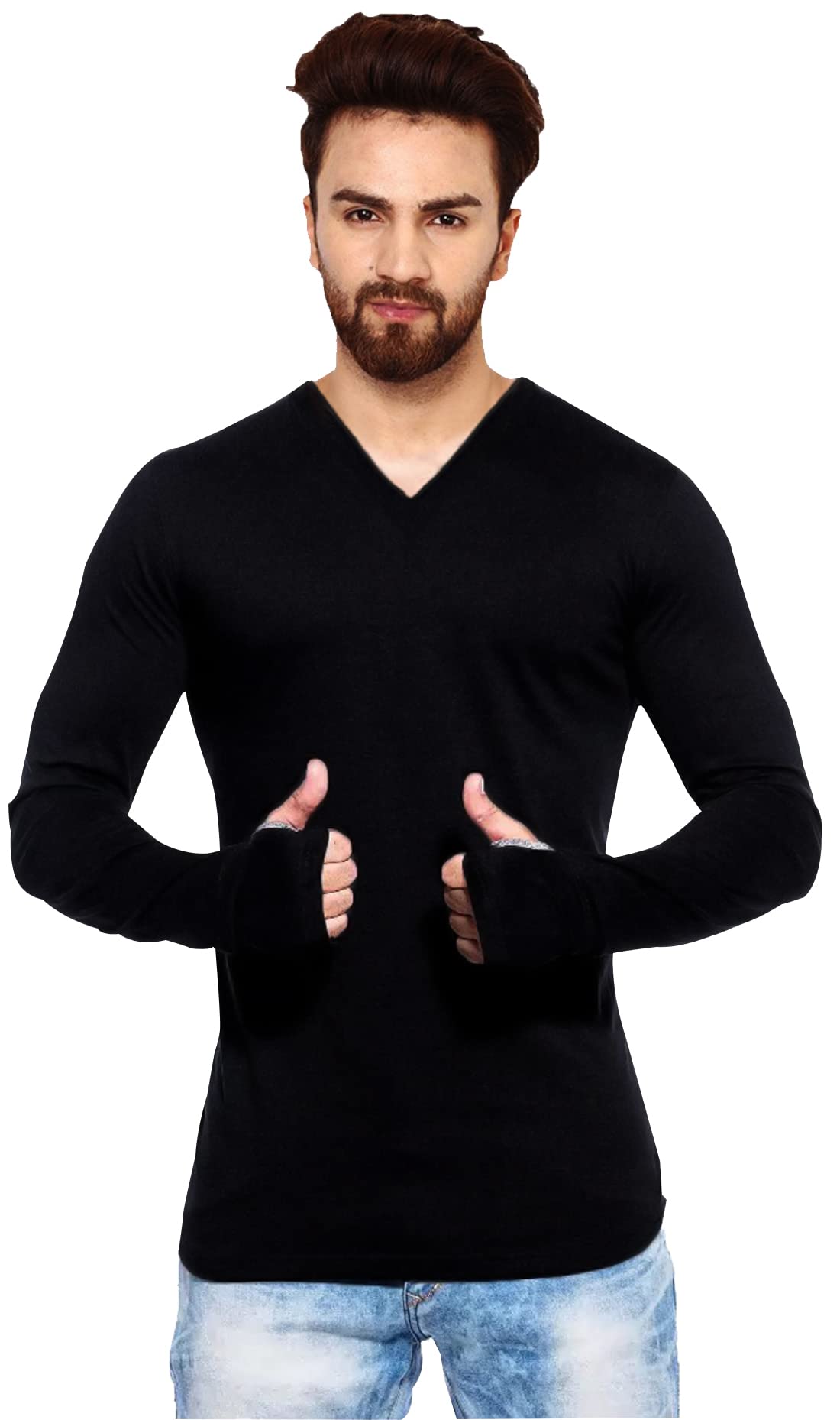 THE ARCHERMen's Round Neck Cotton Full Sleeve Solid T-Shirt (Medium, Black-1)