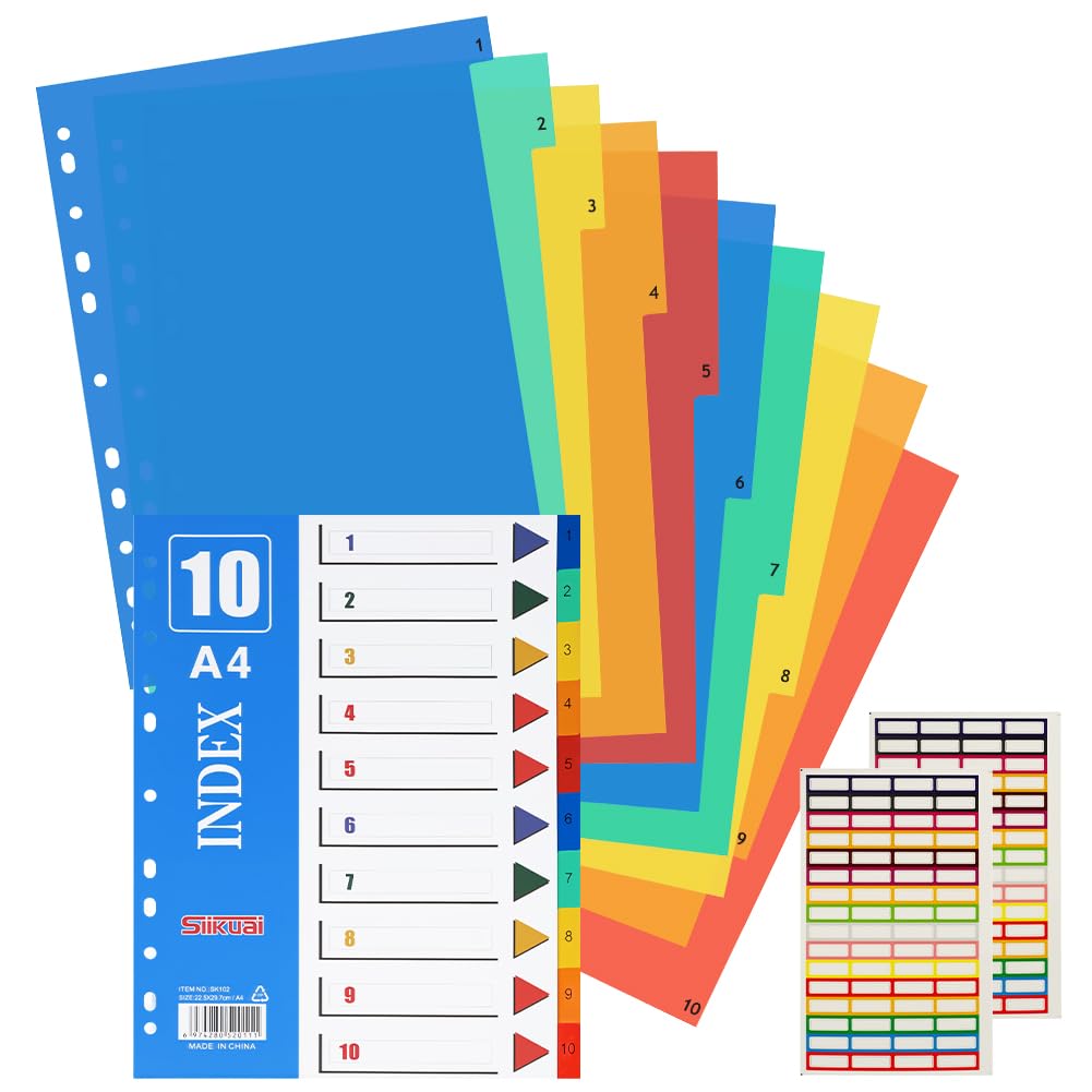 OFFCUP A4 File Dividers, 6 Pack Folder Dividers, 10 Part A4 Subject Divider with Multipunched Reinforced Colour Tabs Folder Divider Plastic Binder for Schools, Homes, Work, Offices — image 1
