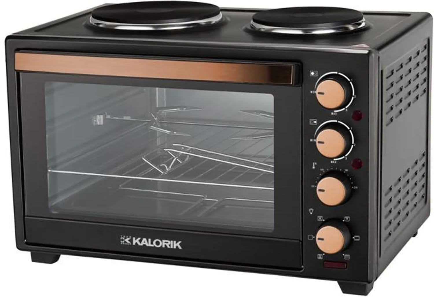 Kalorik - Minibackofen - Kochplatten 2er Elektrisch - mini Backofen 30 Liter - 2-in-1 Backofen und Kochfeld für vielseitiges Kochen und Backen, mit Umluft & Drehspieß, 3300 W, Schwarz Kupferakzent