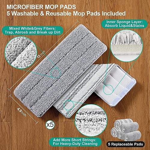 Image of JOYMOOP Mop and Bucket with Wringer Set, White Flat Squeeze Mop Bucket Set for Floor Cleaning, Wet Dry Mop for Walls, Wall Cleaner with Long Handle, Hardwood Floor Mop-5 Microfiber Cloths