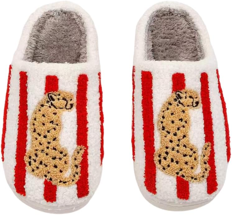 Fuzzy Leopard Print House Slippers for Women, Cozy Striped Warm Indoor Slippers, Soft Memory Foam Closed Toe Non-Slip Slippers for Home Bedroom