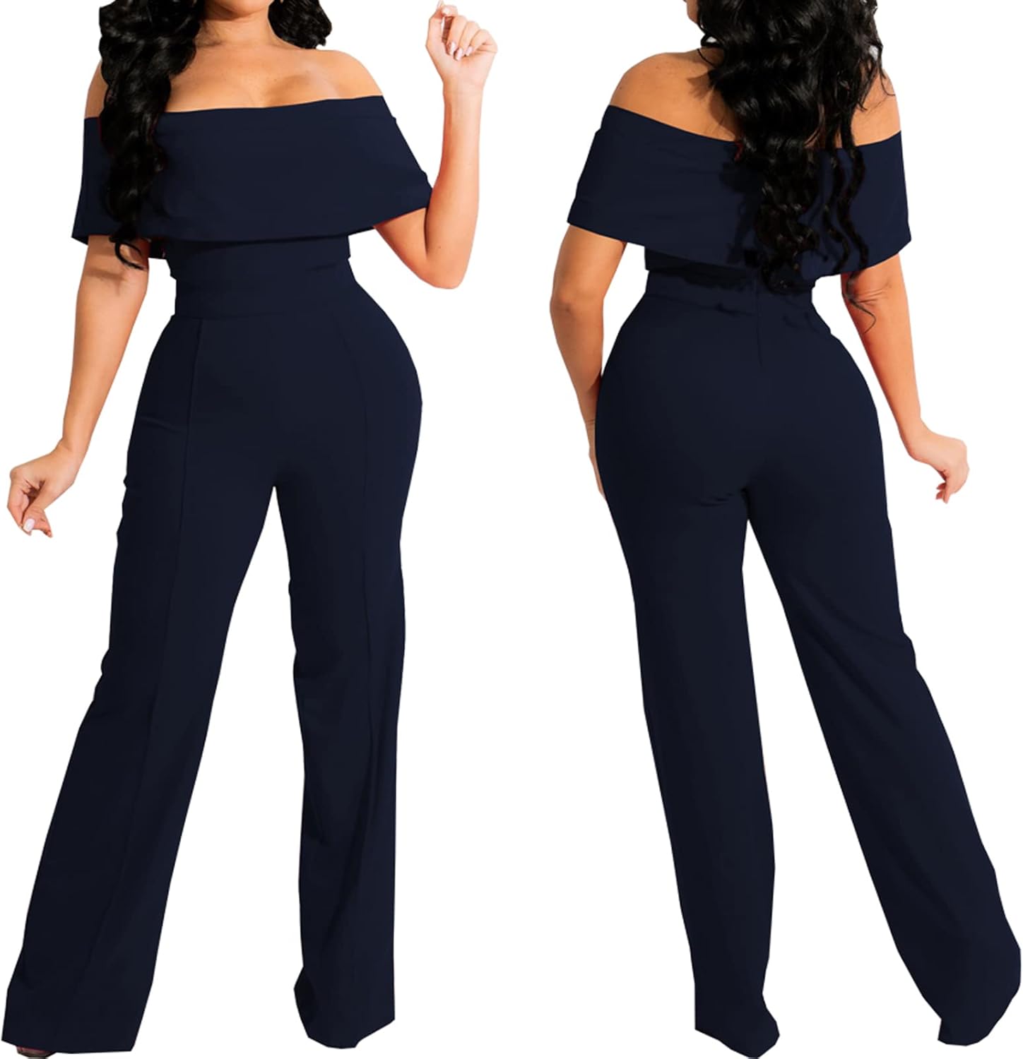HugeNice Women's Sexy Off Shoulder Ruffle Jumpsuits Elegant Wide Leg Long Pants Clubwear Rompers with Pockets - Image 3