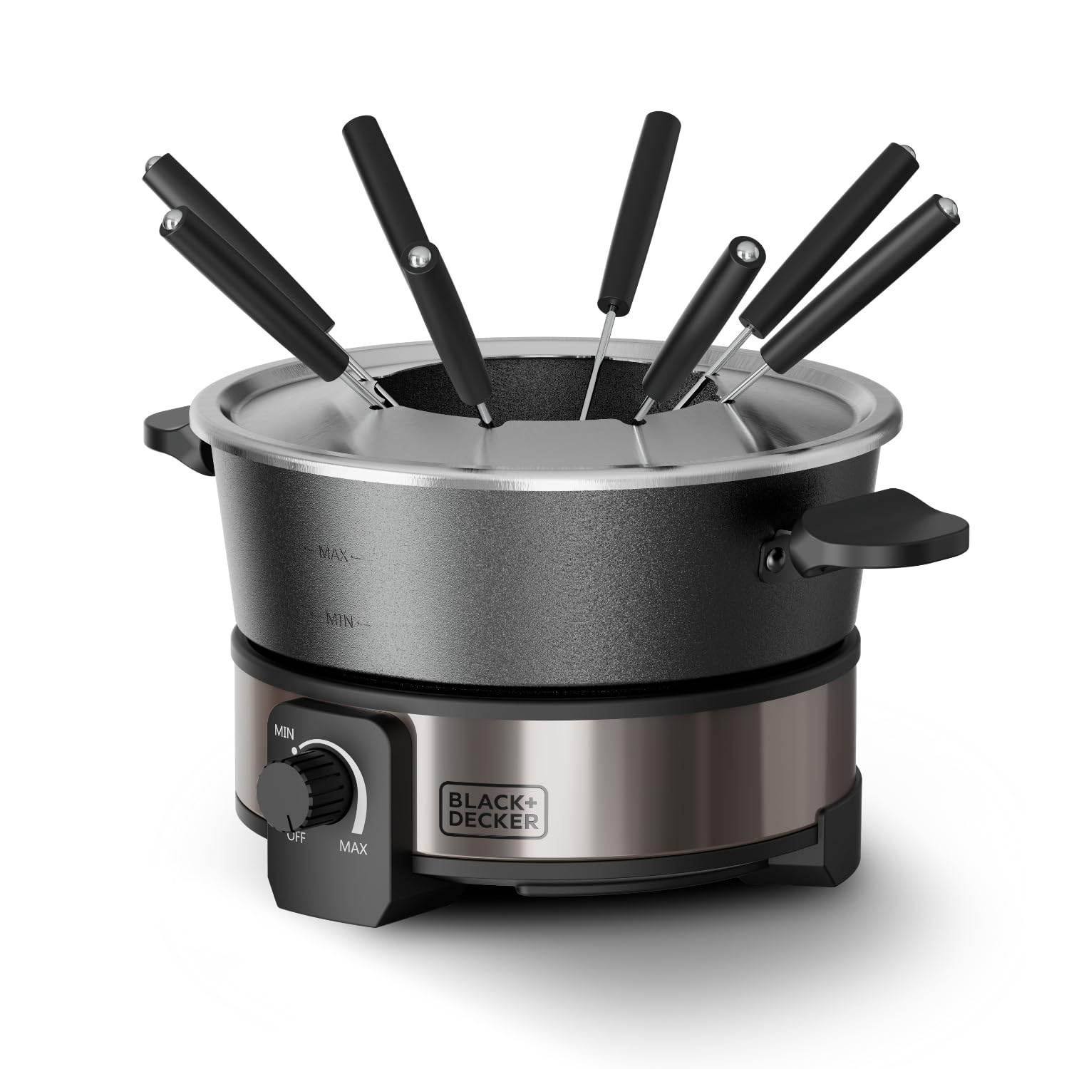 BLACK+DECKER - Fonduegerät 1000 W | 2 L | Temperaturregler bis 200°C | Schokolade, Käse, Brühe & Öl | Antihaft ohne PFOA | 8 Fonduegabeln | Kühler Griff | Spülmaschinenfest