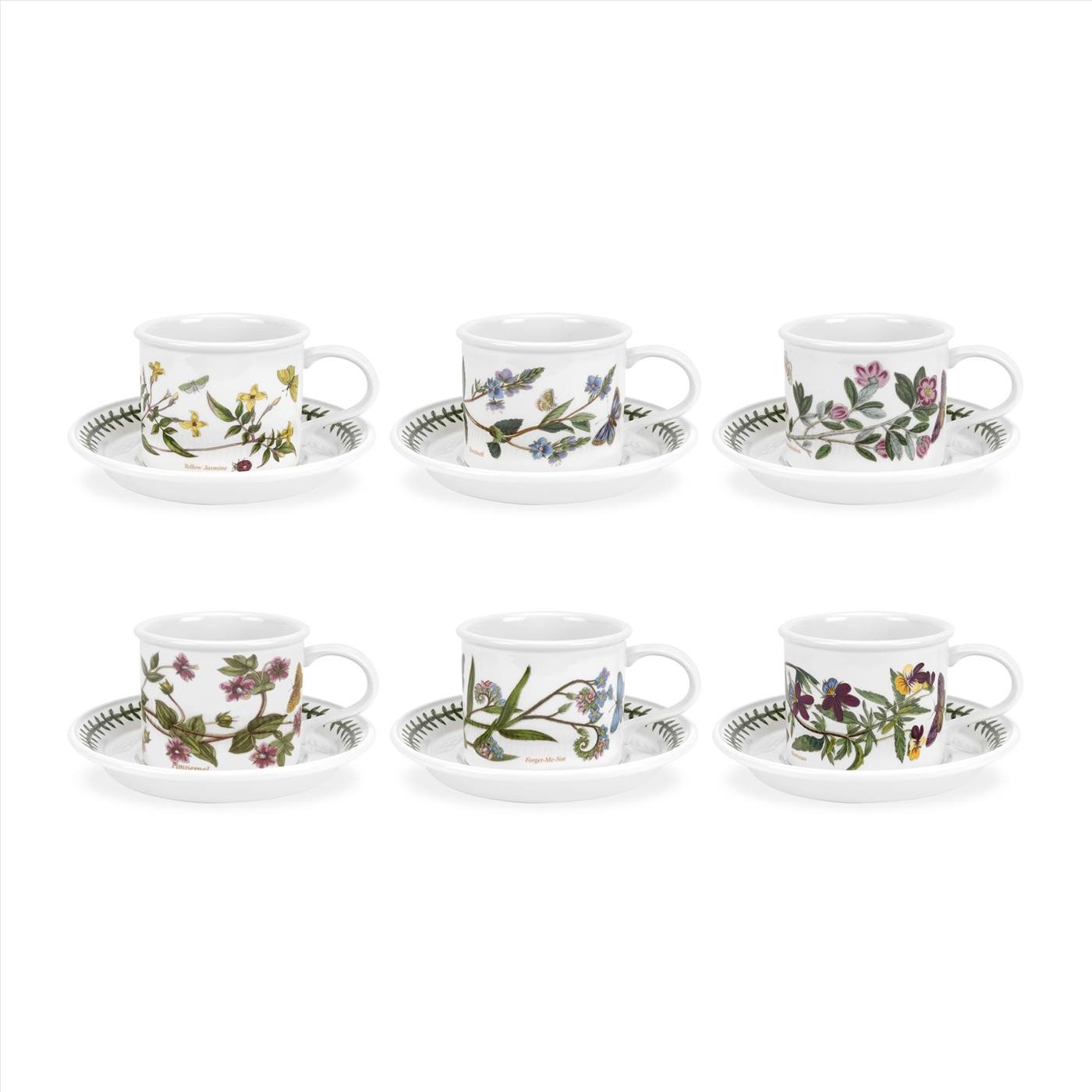 Botanic Garden 7oz Teacup & Saucer (Set of 4) - Poppy Motif, Drum Shaped Porcelain Tea Set, Chip-Resistant Glaze - Dishwasher, Microwave, Freezer, Oven Safe - Floral Afternoon Tea