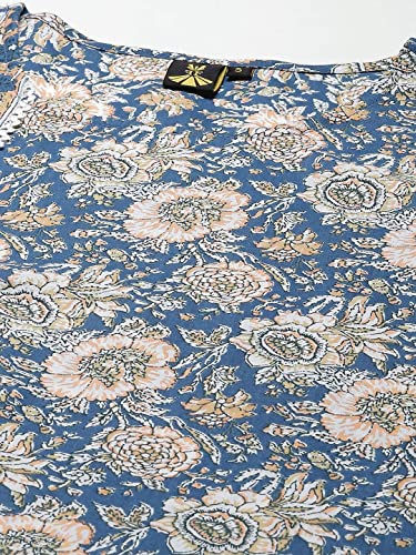 Image of FABRIC FITOOR Womens Floral Print Cotton A-Line Top (Blue)