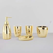 Luxury Gold 5 Piece Bathroom Accessory Set Ceramics Crafted Set Includes Soap & Lotion Dispenser Tooth Brush Holder Mouthwash Cup Soap Dish Canister Soap Dispenser,A,A
