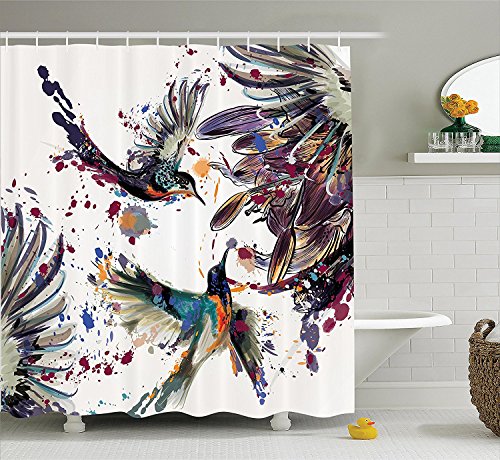 XCBN Set de Ducha colibrí con Flores de Lirio y pájaros y decoración de baño Estilo Pintura de Acuarela en Color Splash Cortina de Ducha A1 90x180cm