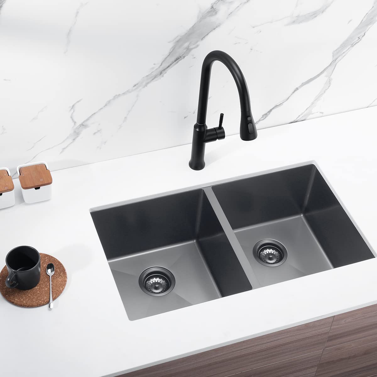 MELANSTAR Drop in Kitchen Sink Equal Double Bowl Stainless Steel, 32" x 18" x 10", 16 Gauge Black