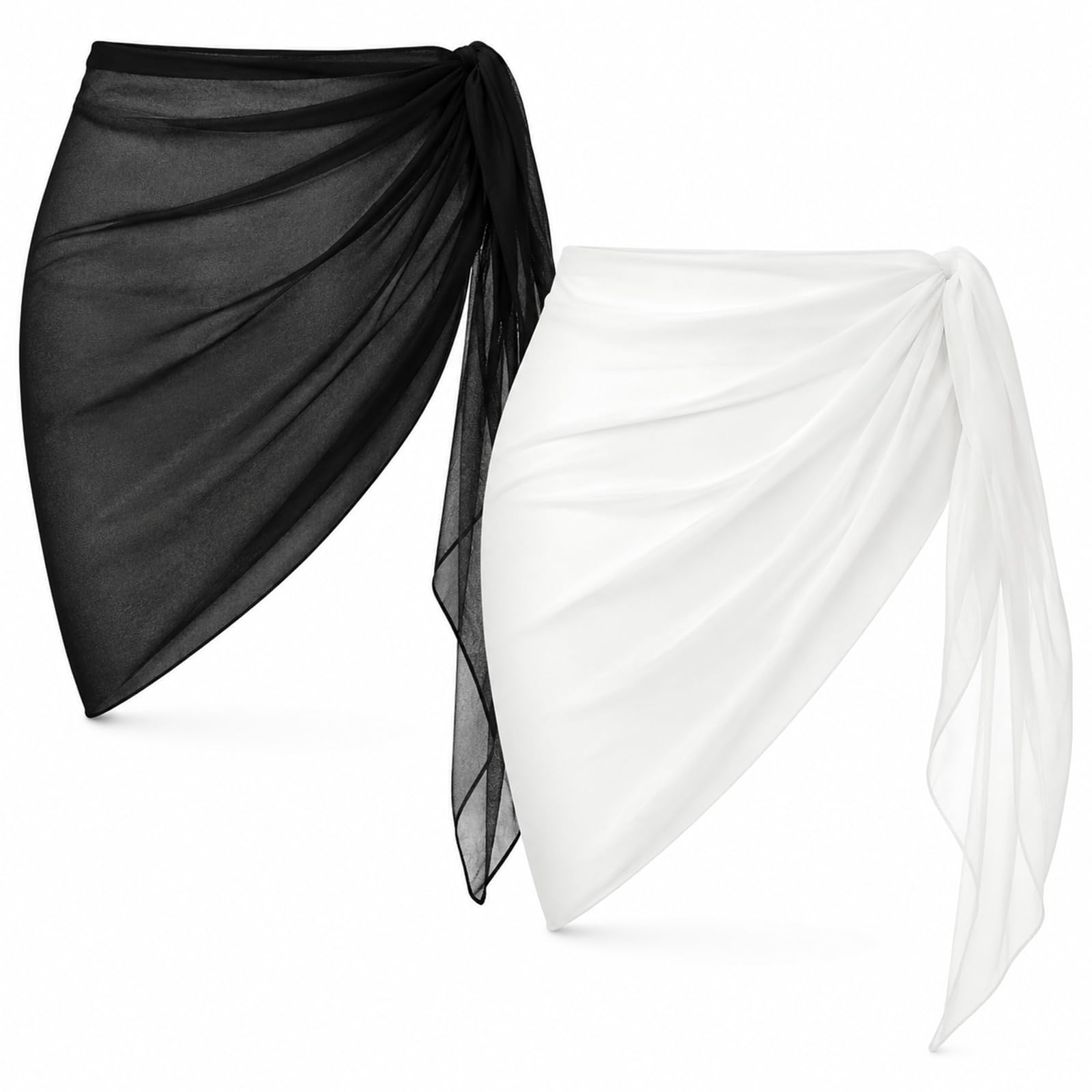 2 Pieces Sarong Coverups for Women Bathing Suit Wrap Swimsuit Skirt Bikini Swimwear Chiffon Cover Up Beach Accessories (Black+White)