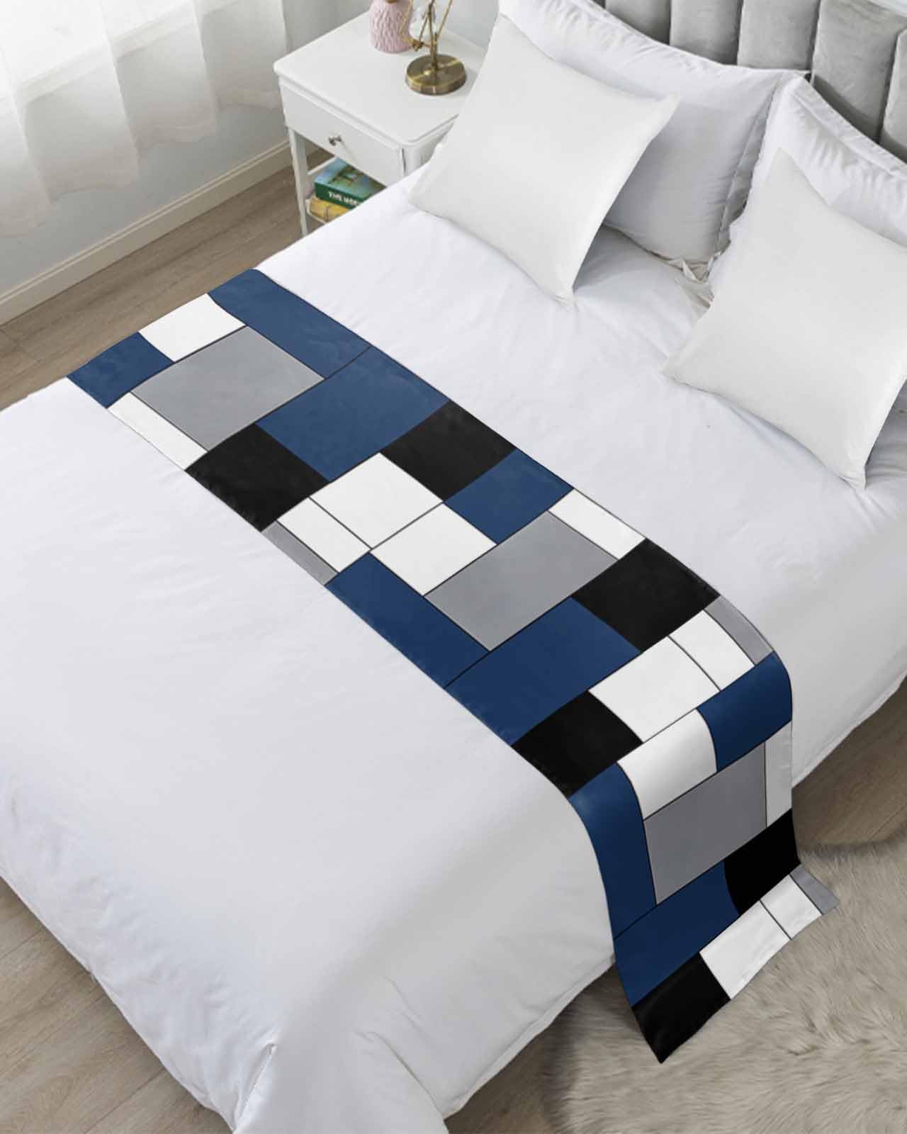 Navy Blue Grey Bed Runner for Twin Size, Modern Blue Geometric Bedspread Protector Slipcover Bed Scarf for Foot Runners & Scarves for Bedroom Hotel Wedding Room 71x20 Inches