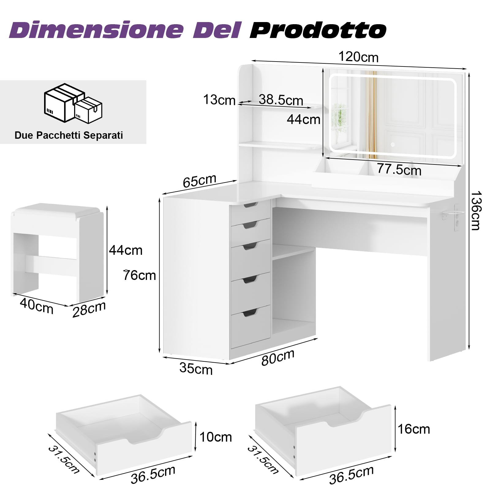 TRIUMPHKEY Toeletta da Trucco Angolare con Sgabello,Tavolo Trucco con Luci LED,2 Porta USB,5 Cassetti,Ripiani Aperti,Postazione Trucco per Camera da Letto,Moderno (Bianco)