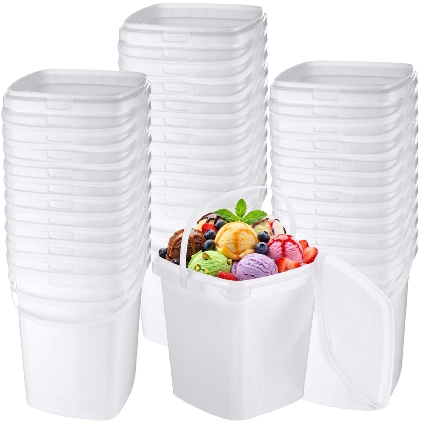 Mifoci 24 recipientes de plástico para alimentos de 2 cuartos de galón/67 onzas, cubos de helado con tapas y asa, reutilizables, cuadrados, aptos para congelador y microondas, para cocina