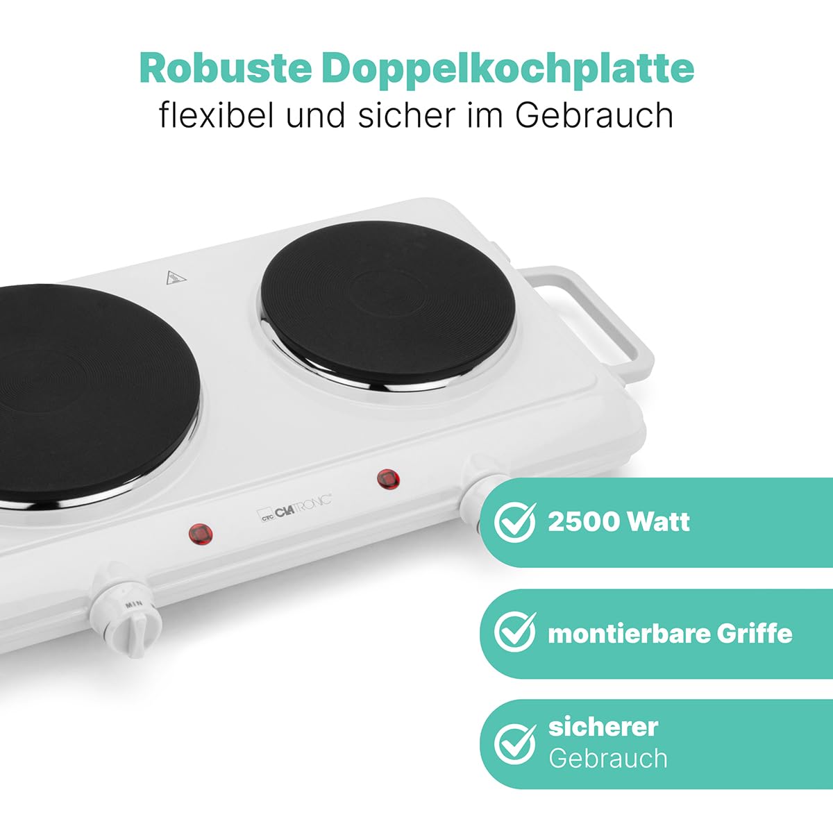 Clatronic® double plaque de cuisson pour le camping, la cuisine ou le bureau | 2 plaques Ø env. 180mm & 150mm | thermostat réglable en continu | laque résistante à la chaleur | DKP 3583