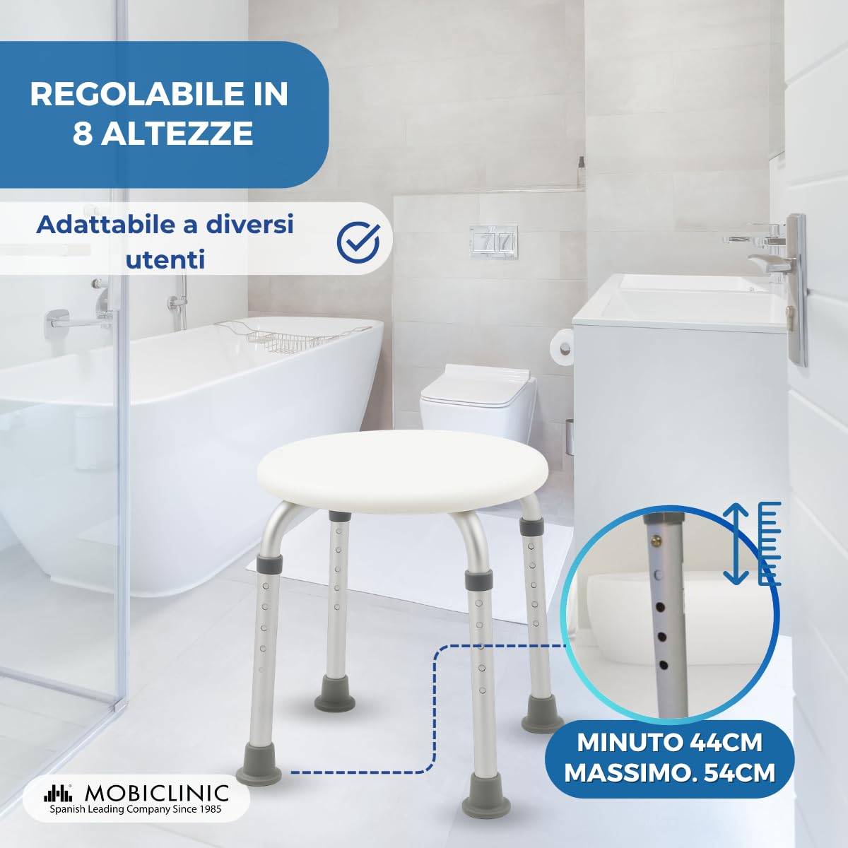 Mobiclinic®, Sgabello da Doccia, Da Bagno, Alluminio e PVC, Altezza Regolabile, Faro, Piedini Antiscivolo, Leggero, fino a 100 kg, per Persone Anziane, Mobilità Ridotta