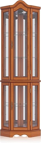 Miniatura 6 de BELLEZE - Vitrina esquinera iluminada de 3 lados con puertas y estantes de vidrio templado, gabinete curio de madera curvada para rincón, con