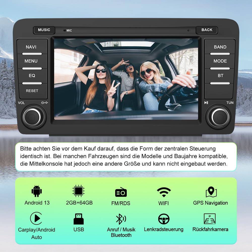 Junsun Android Autoradio für Skoda Octavia/Rapid/Roomster/Superb/Yeti 2004-2013 2GB+64GB CarPlay, Android Auto, FM Radio, Bluetooth, WLAN, Navigtion, Lenkradsteuerung