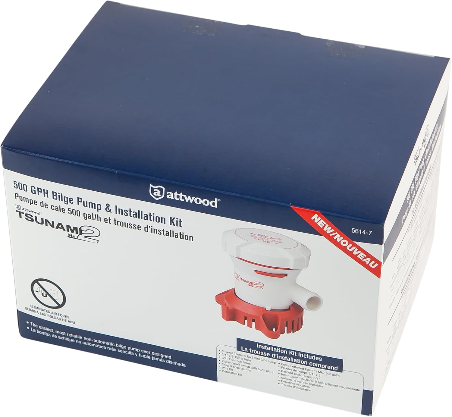 Attwood 5614-7 Tsunami Mk2 T1200, 24V, Manual Bilge Pump, 1200 GPH, With Fittings (Elbow & Straight), Direct Replacement For Attwood 4613-1