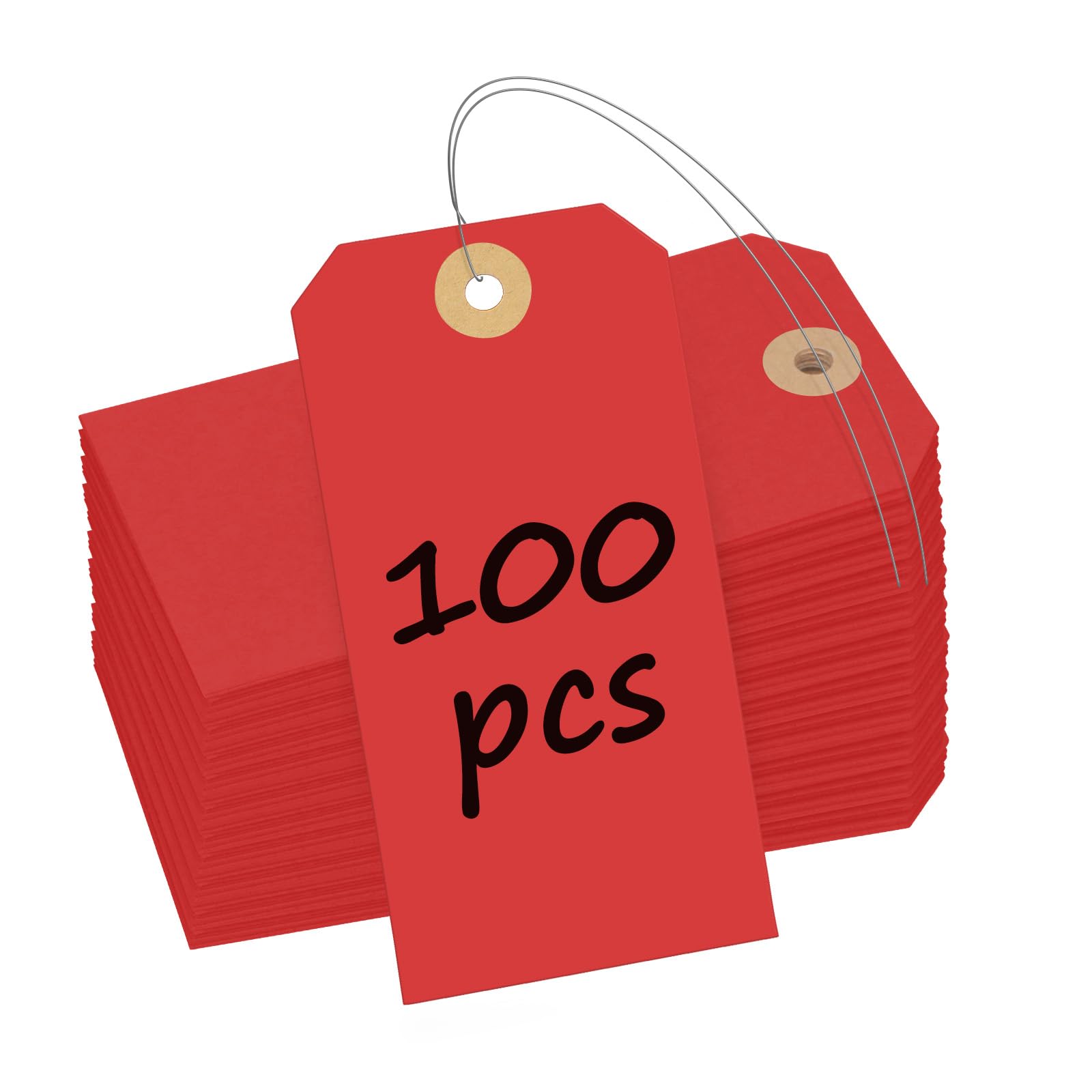 Uniclife 100 Pcs Red Blank Shipping Tags with Wire Attached 4.7 Inch Paper Tags Hang Tag with Reinforced Eyelet Large Marking Label Writable Price