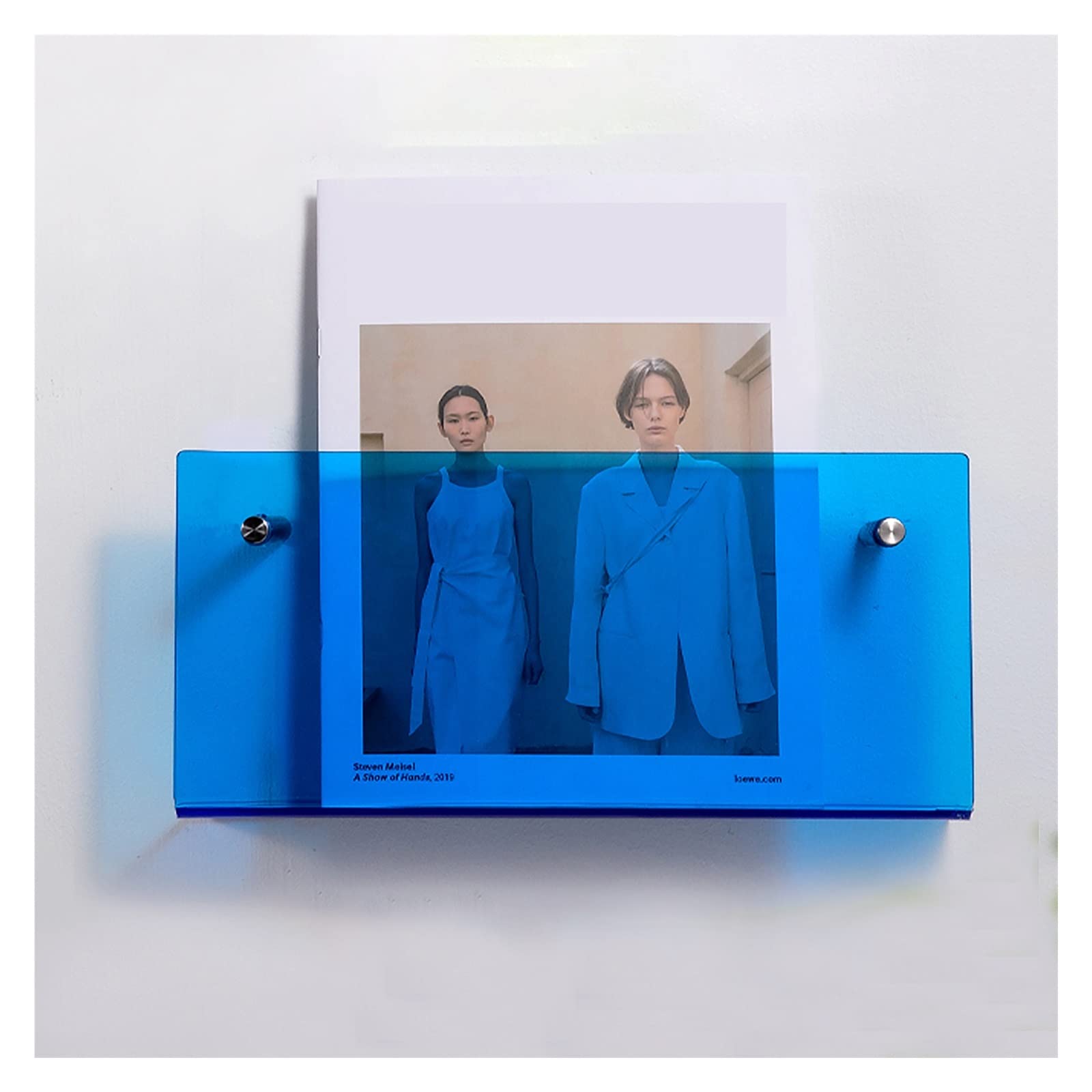 SAeWare Revistero acrílico para colgar en la pared, para folletos, literatura, periódicos, vestíbulo, biblioteca, recepción, transparente, 120 x 15 x 5 cm, azul, 40 x 15 x 5 cm
