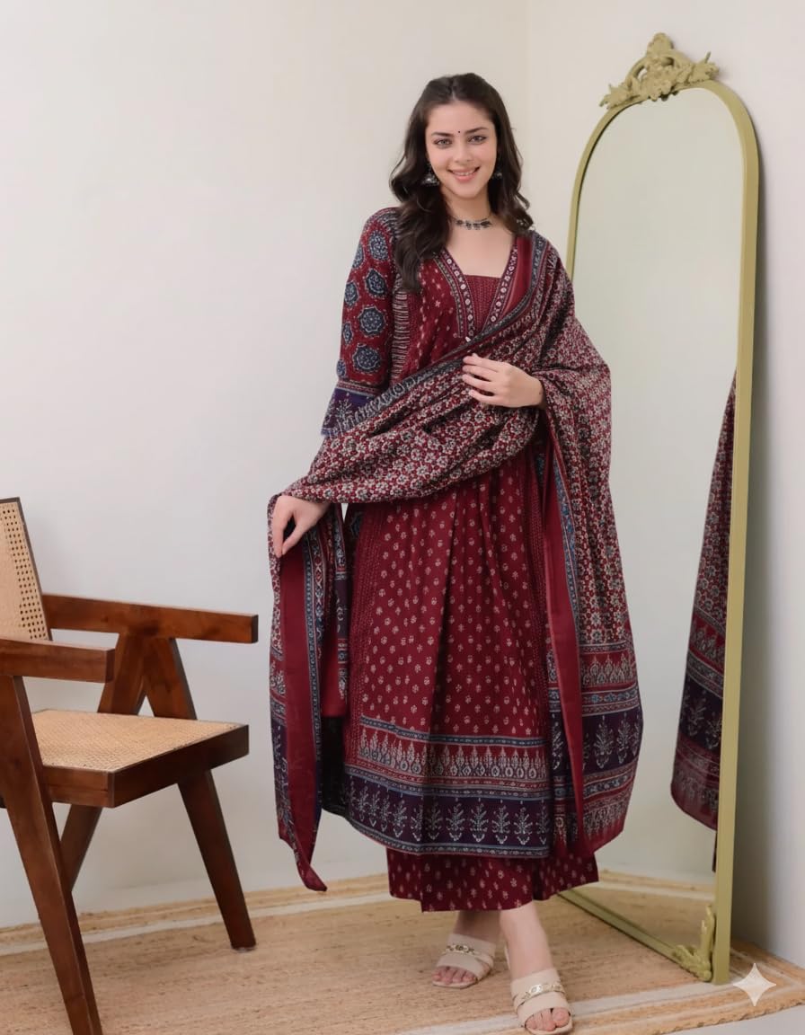 KLOSIA Women Printed Anarkali Kurta and Pant Set with Dupatta Maroon 4
