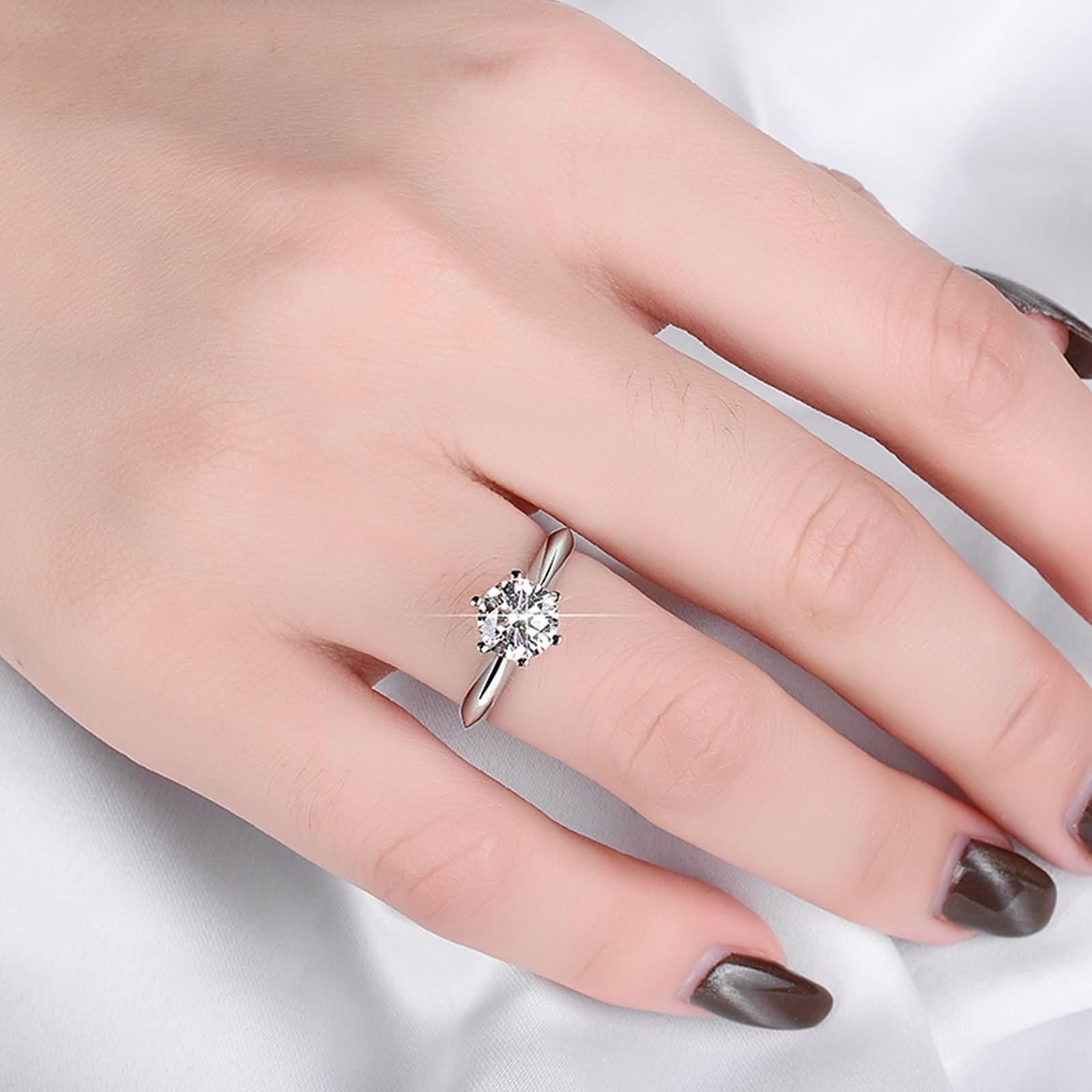 Anillos para mujer, anillos para mujer, delgados, 6 dientes, solitario, redondo, con moissanita de 5 quilates, plata de 18 quilates, oro blanco, talla 62 (19,7)