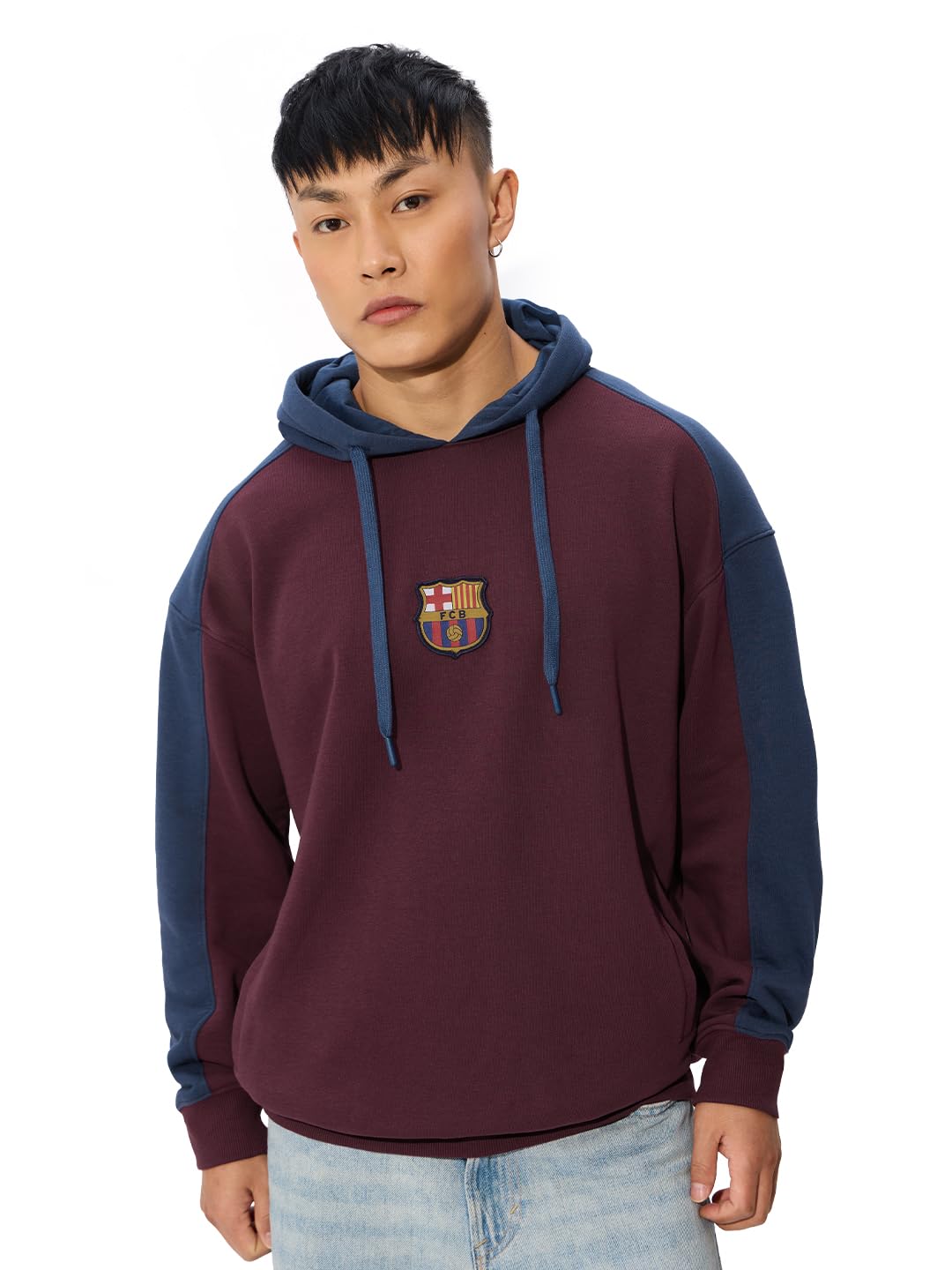 The Souled Store FC Barcelona: Logo Men and Boys Long Sleeves Hooded Neck Pull On Maroon and Blue Embroidered Patch Cotton Blend Oversized Hoodies
