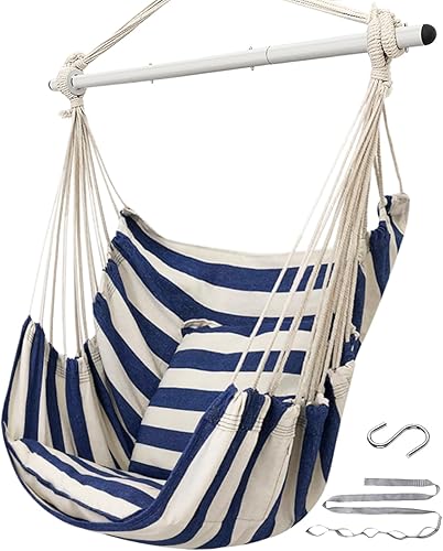 ADVOKAIR Silla hamaca colgante grande para interiores con barra de extensión de acero antideslizante y bolsillo, máximo 500 libras, 2 cojines,