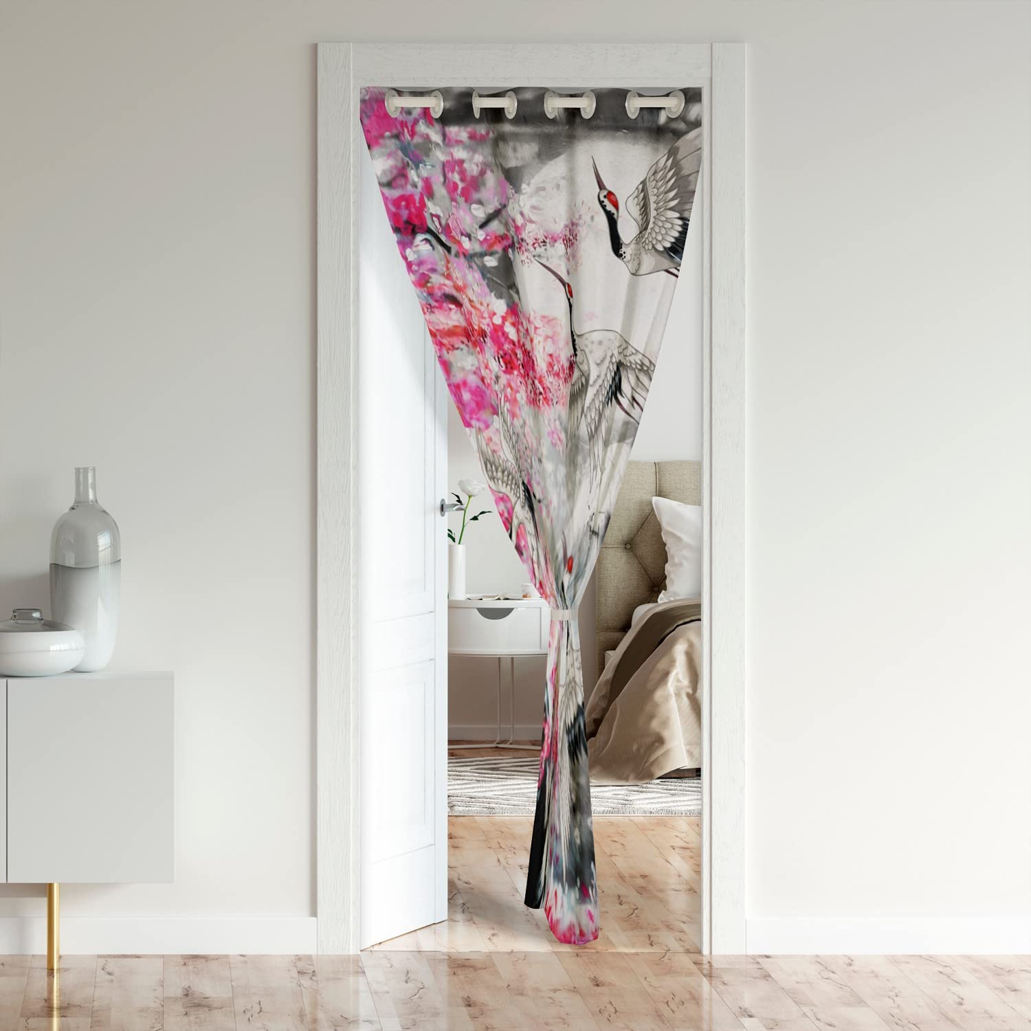 Loussiesd Japanese Style Door Curtain for Doorway Privacy Crane Closet Door Cover Curtain for Bedroom Living Room Floral Botanical 30%-50% Room Darkening Blackout Curtain132x203cm 1 Panel - Image 2