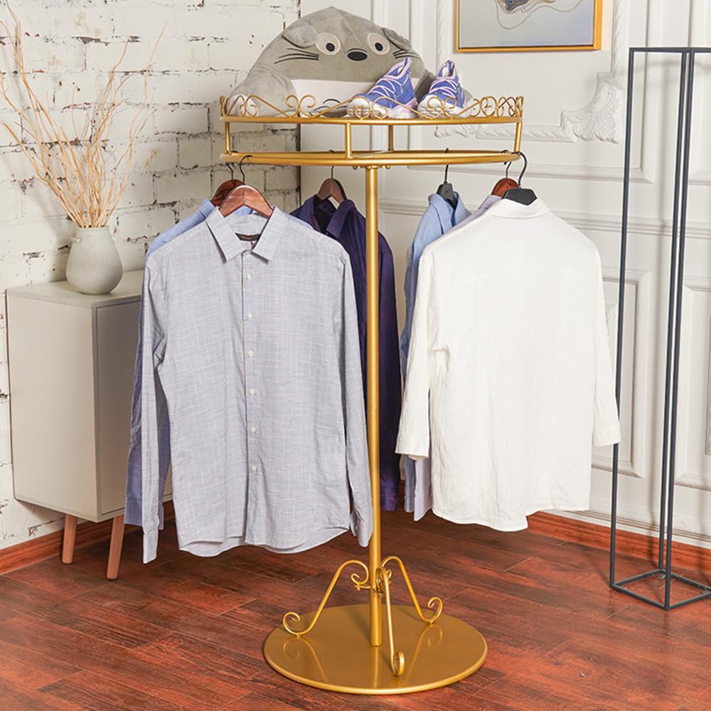 CENAP Gold Clothing Rack with Top Shelf, Metal Houseware Garment Rack, Floor-Standing Rotating Round Clothes Rack, for Retail and Boutiques,60cm*135cm