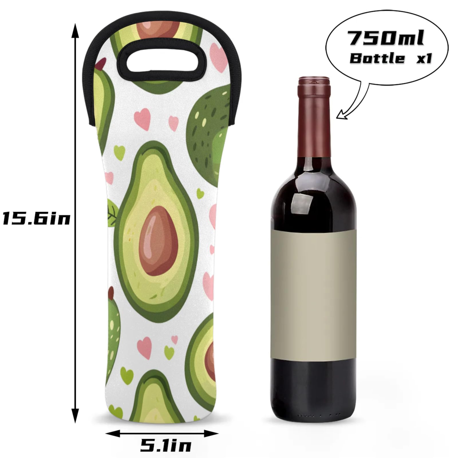 Neoprene Wine Tote Carrier Bag for Wine,Water, Champagne, Beer, Baby Bottles 15.6 x 5.1 Inches, Protective Wine Bag,Fruits Avocado