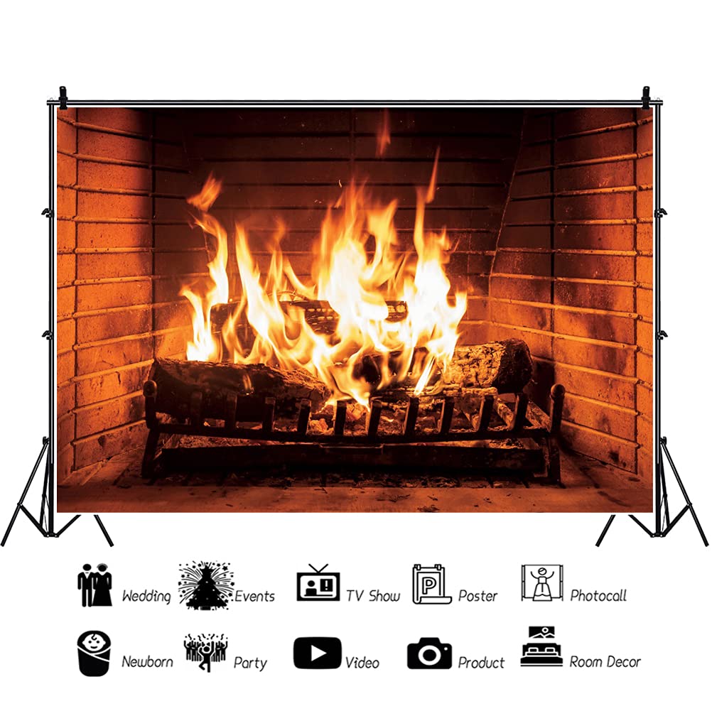 CORFOTO Burning Fireplace Backdrop Fabric 7x5ft Fake Fireplace Picture Firewood Warm Fire Flame Christmas Background For Winter Xmas Photo Props - View #10