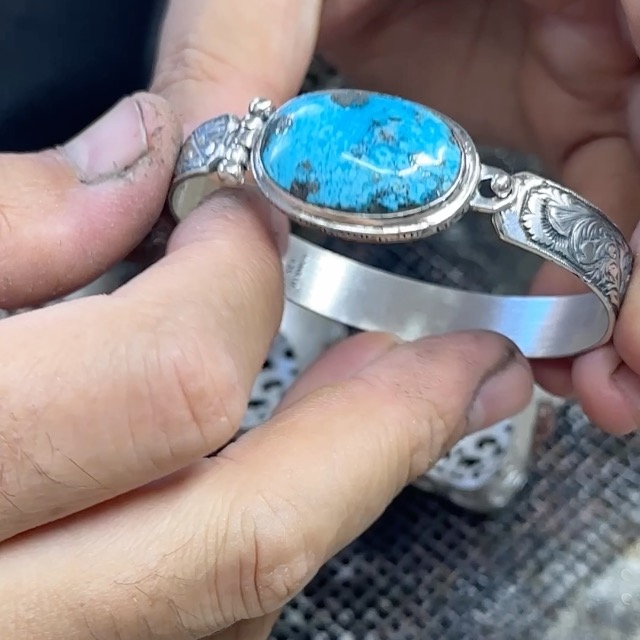 Silver Natural Turquoise Stone Bracelet, Men Turquoise Stone