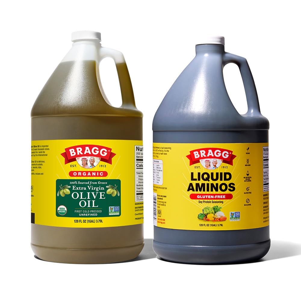Organic Extra Virgin Olive Oil 128oz and Liquid Aminos All Purpose Seasoning 128oz Bundle