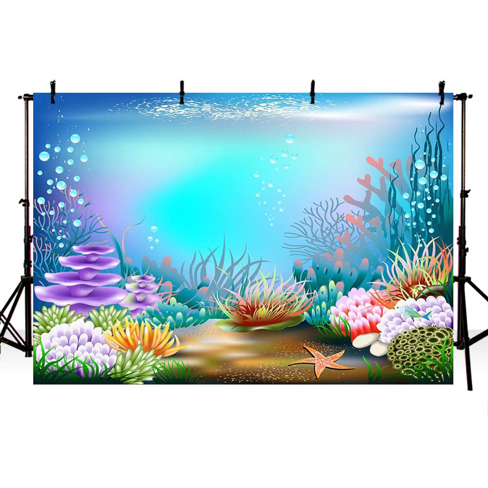 MEHOFOND8x6ft Under The Sea Blue Purple Photography Backdrop Ocean Mermaid Theme Birthday Party Decoration Bubbles Starfish Shell Ocean Theme Baby Shower Photo Studio Booth Background Banner