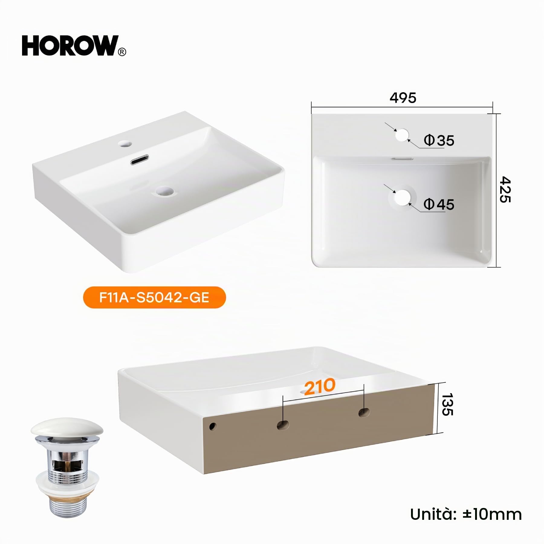 HOROW Lavabo da Bagno 50 cm in Ceramica con Scarico a Scatto