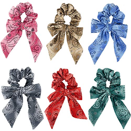 Cutewing Hair Scarf Ties Hair Scarves for Ponytail Paisley Hair Scrunchies with Ribbon Elastics Hair Bows Hair Bands Hair Accessories for Women Girls with 6PCS