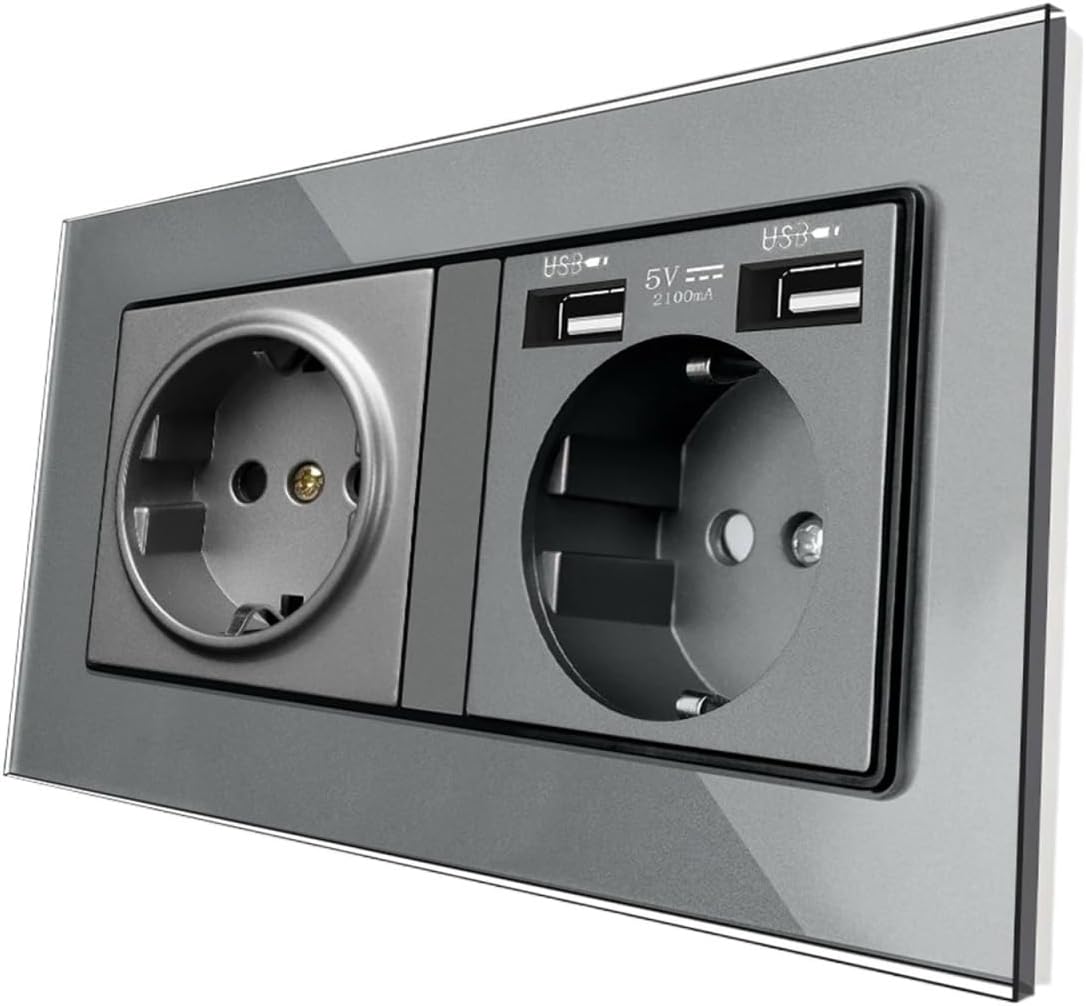 Tempered Glass Socket, EU Standard 146mm x 86mm Crystal Panel,2A Dual USB Charging Port, 16A Power Wall USB Socket(Black)