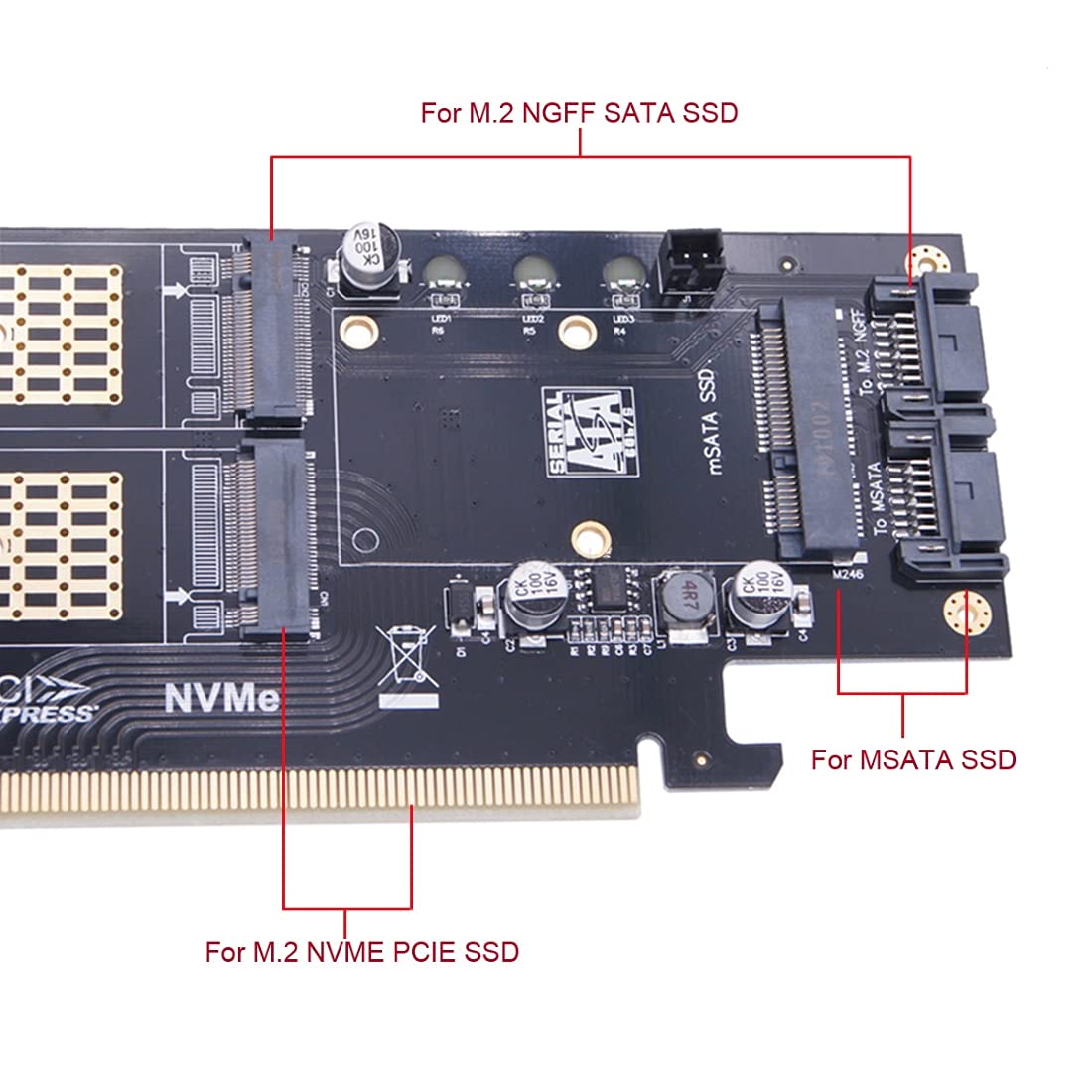 chenyang Adaptador de tarjeta de expansión 3 en 1 M.2 NVME/NGFF/mSATA SSD a PCIe 3.0/4.0 X16 Motherboard SSD