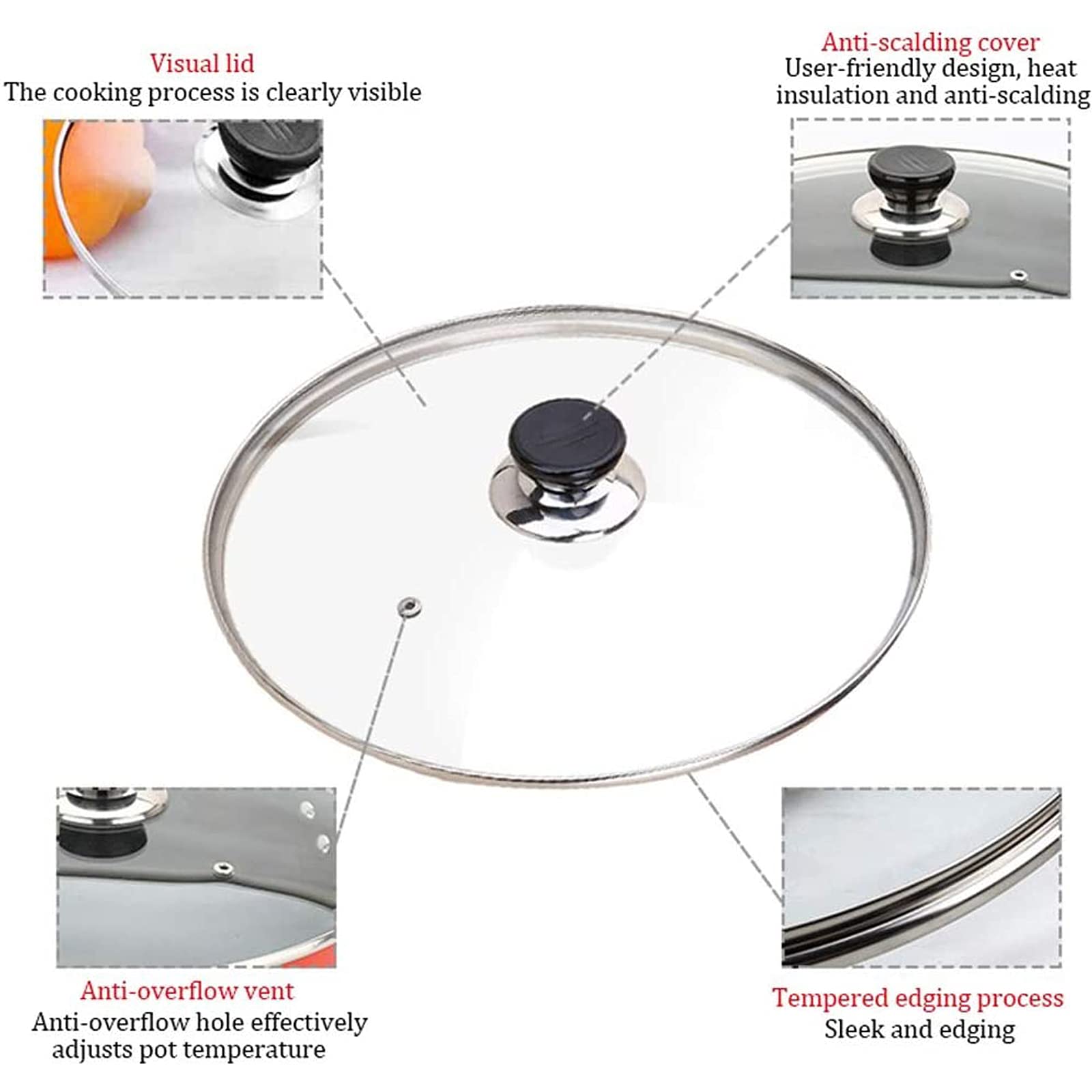 Pfannendeckel, Topfdeckel, gehärtetes Glas, mit Lüftungslöchern aus Edelstahlknopf, Verschiedene Größen für Töpfe (klar, 24 cm)