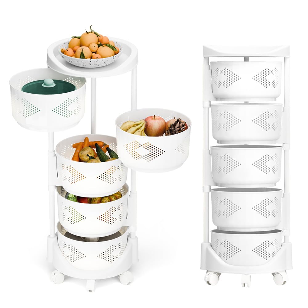 Rotating Storage Rack for Kitchen, 5 Tier Rotating Storage Rack Cart with Top Lid, Fruit and Vegetable Storage Basket, Kitchen Storage Cart with